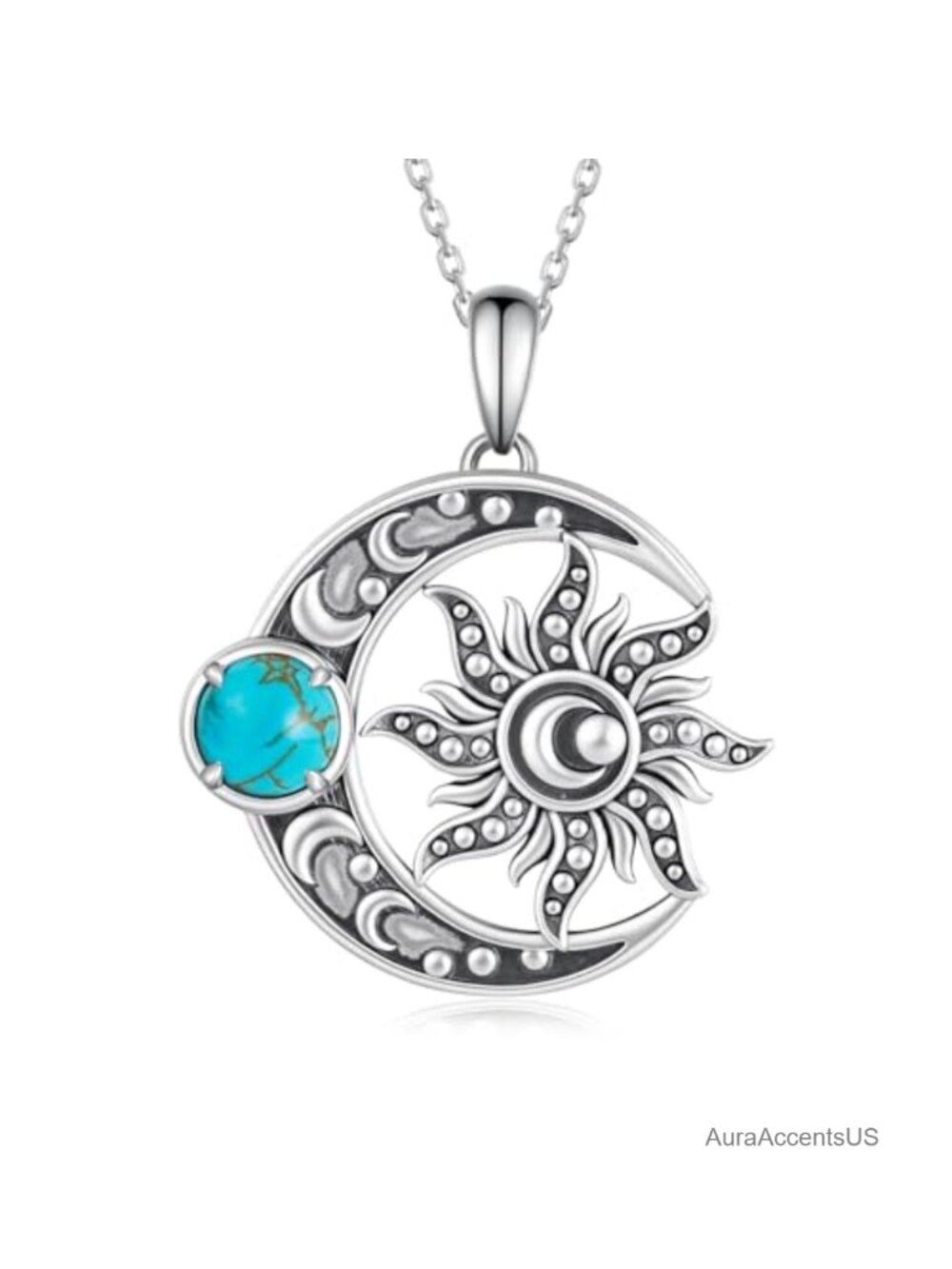 Genuine Turquoise Sun Moon Pendant Necklace 925 Sterling Silver Celestial